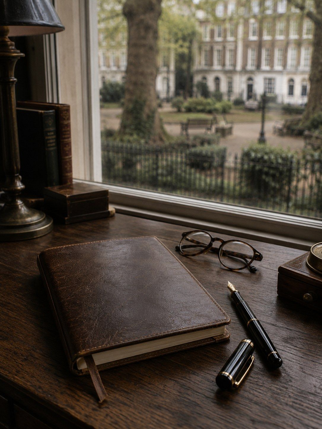 Leather notebook, fountain pen and reading glasses on a walnut desk by a window