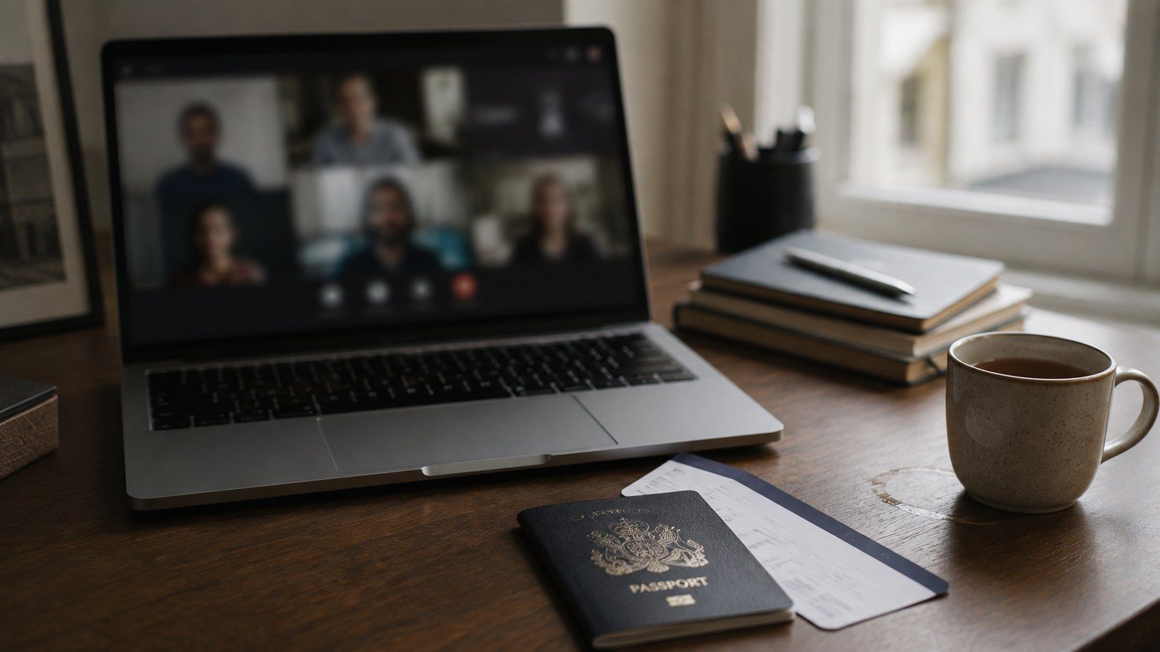 A laptop on a desk showing a blurred video call beside a passport and a boarding pass.