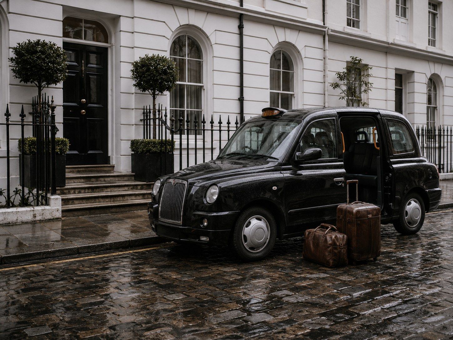 Black London cab crossing a Thames bridge at golden hour