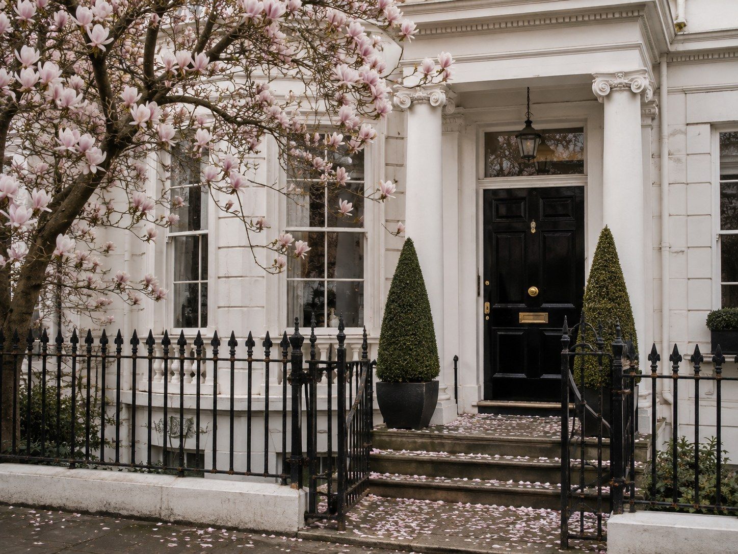 Georgian facade with a freshly painted front door and topiary on either side