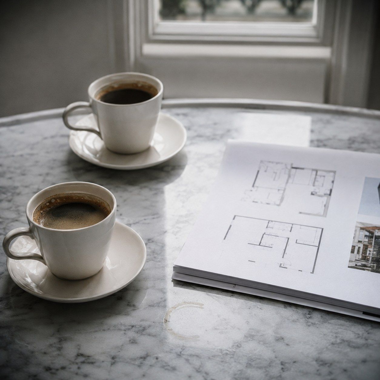 Two cups of coffee beside folded property floor plans on a marble table