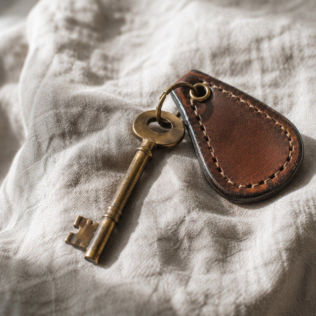 Brass key with a plain stitched leather fob resting on linen